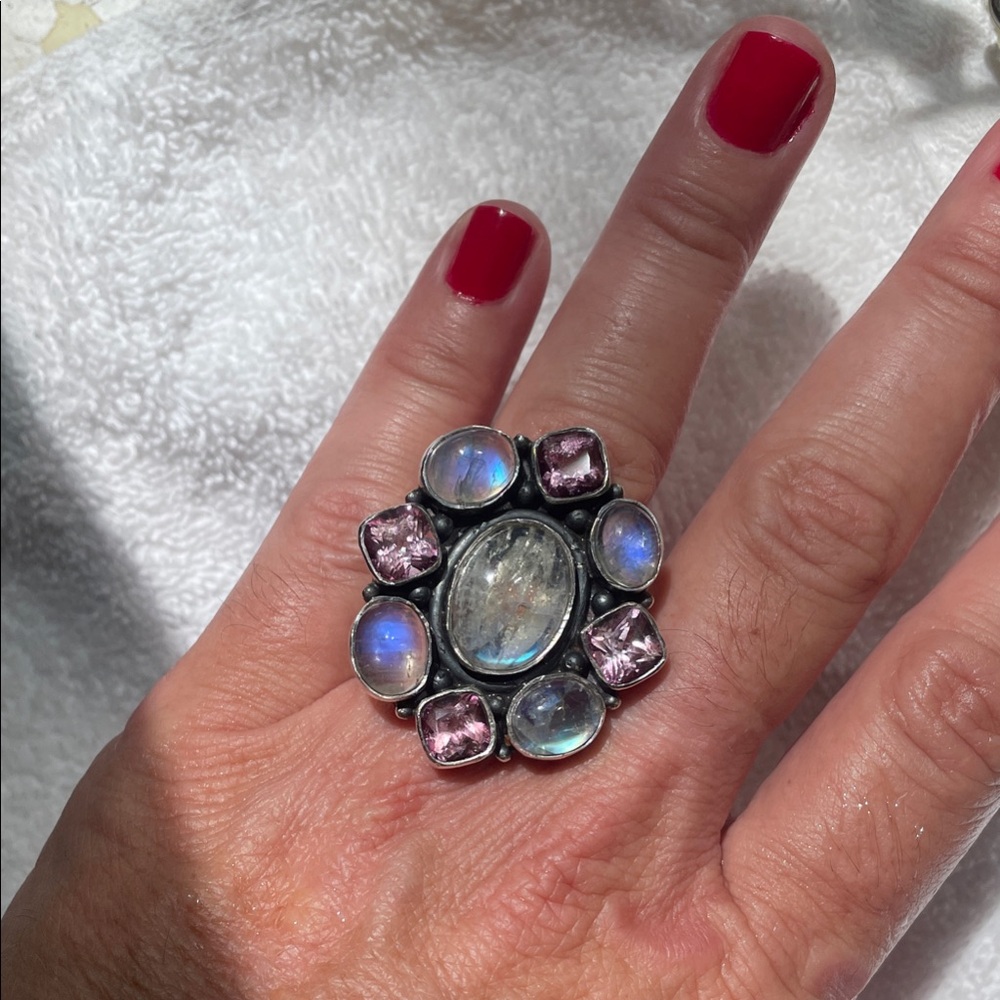 Statement Silver Ring with Moonstone and Pink Gem Accents